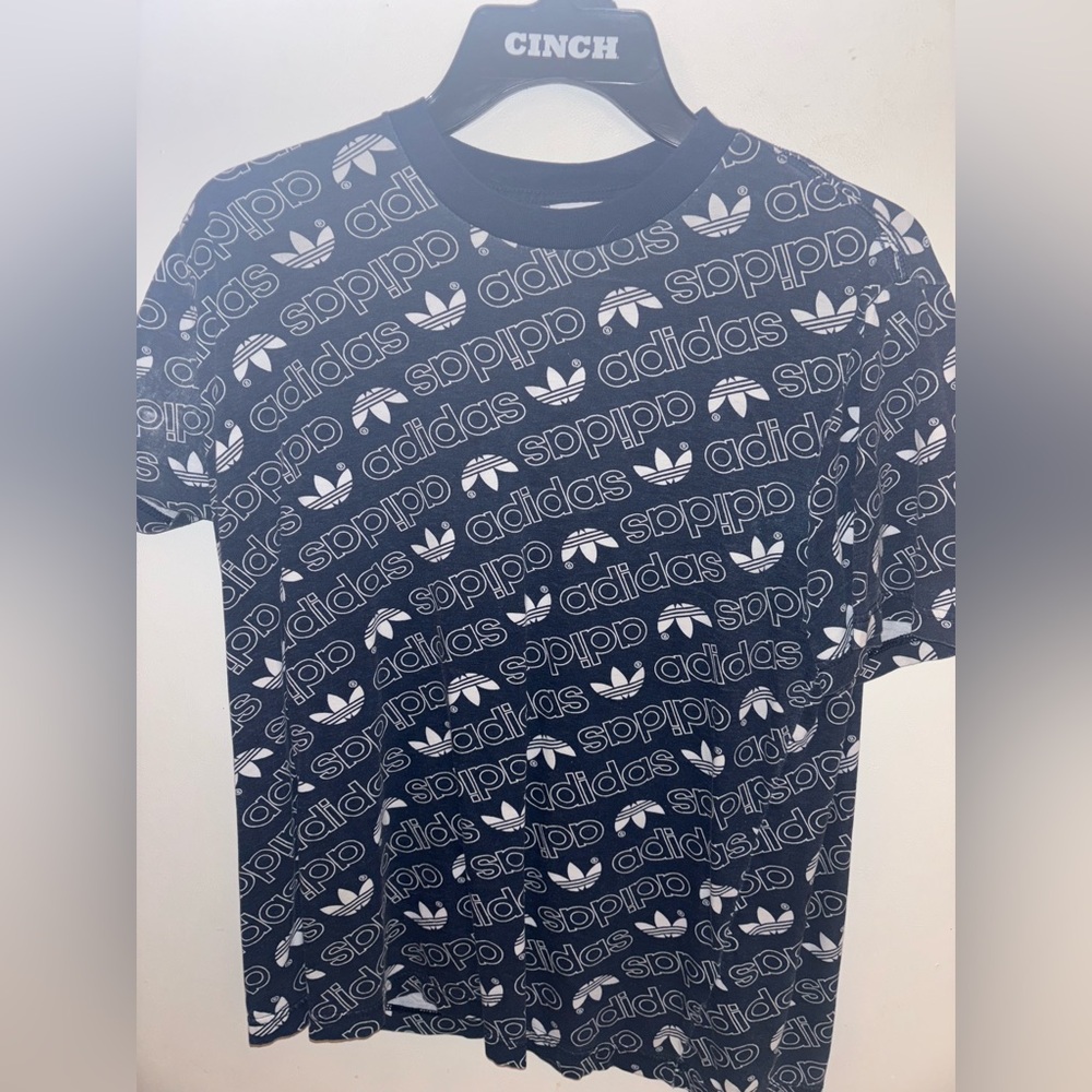 Men's Medium AdidasFlower 3 Stripes All Over Print Blue White Shirt #adidas
